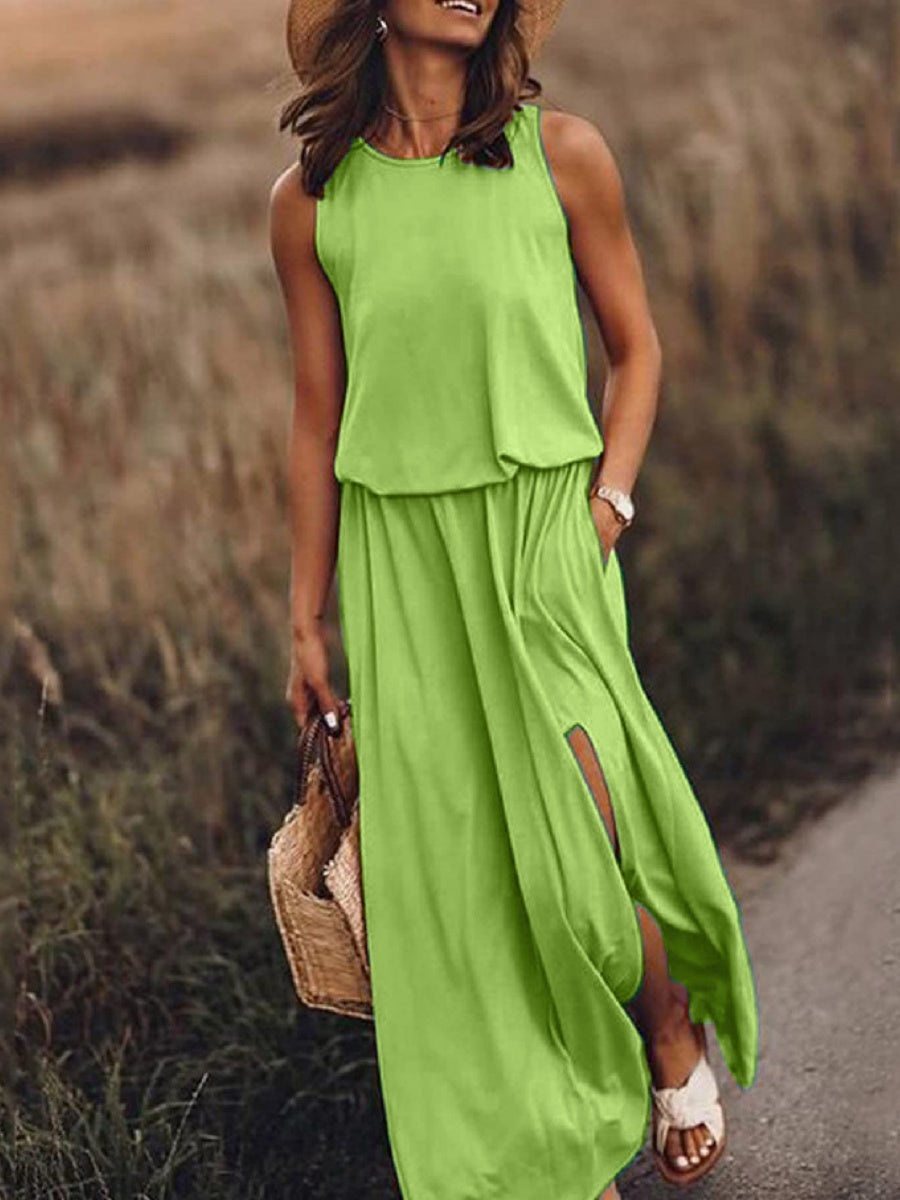 Round Neck Sleeveless Slit Long Dress