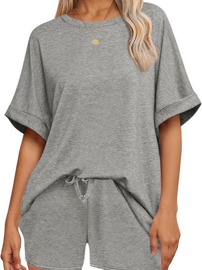 Batwing Sleeve T-shirt Drawstring Shorts Pocket Sportswear 2-piece Sets