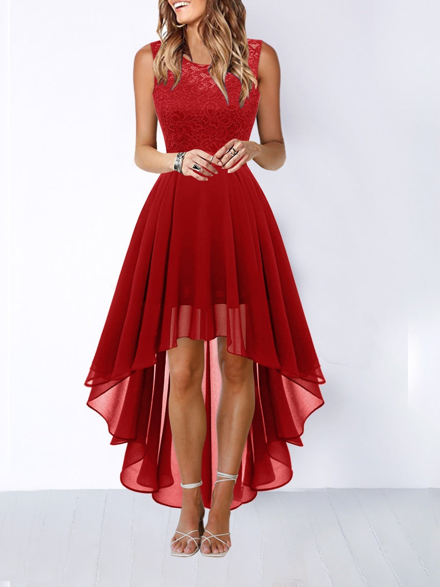 Lace Stitching Irregular Hem Waist Maxi Dresses