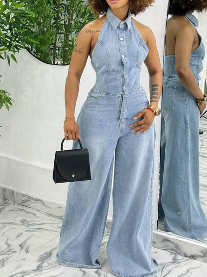 Collared Halter Neck Single-breasted Backless Denim Jumpsuit