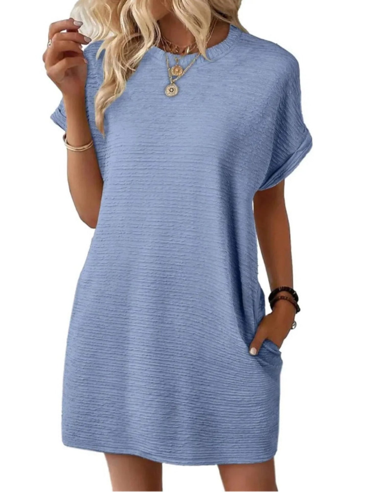 Pocket Crew Neck Short Sleeve Loose-fit Mini&Short Dresses