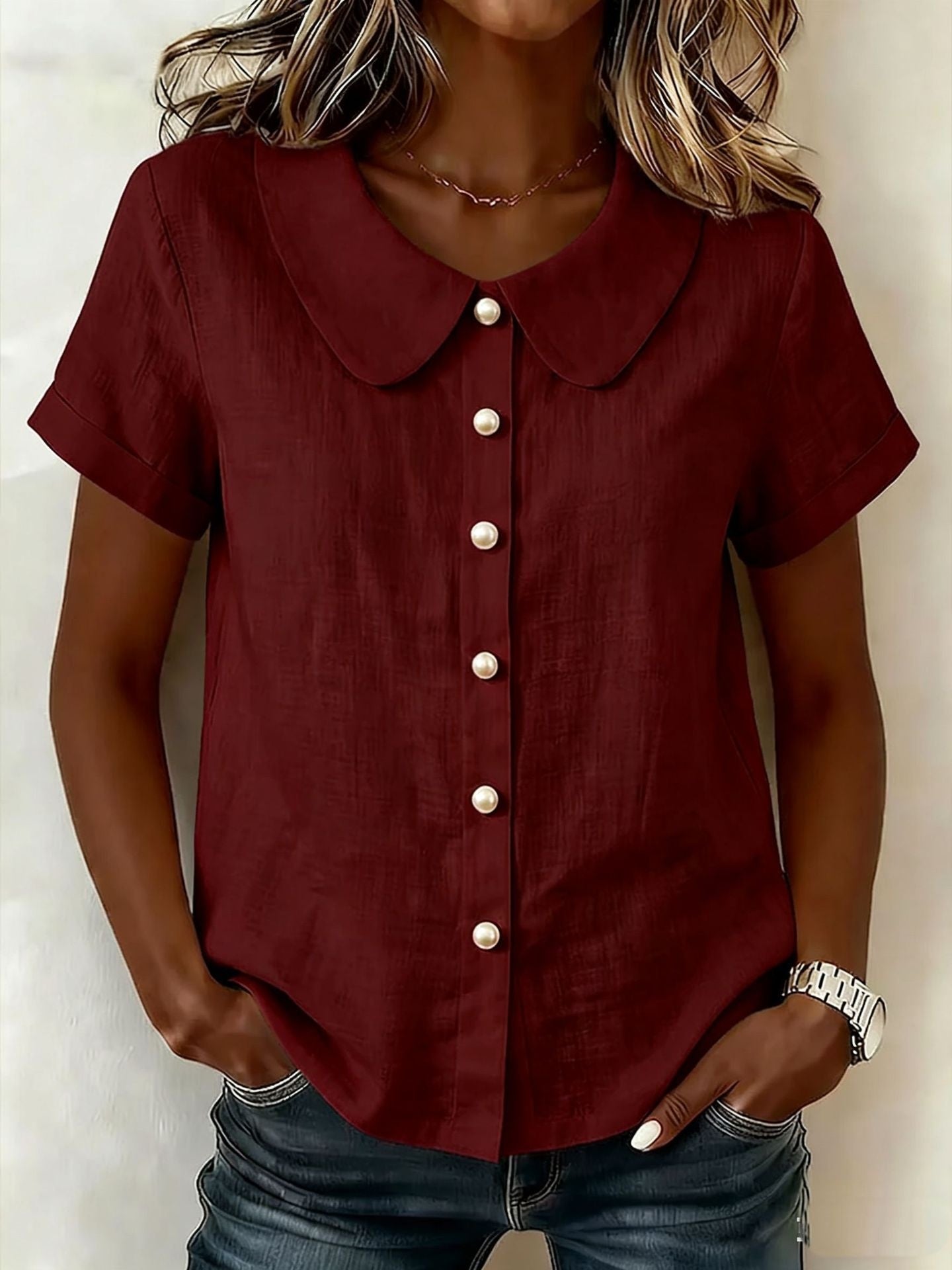 Cotton And Linen Short-sleeved Peter Pan Collar T-shirt