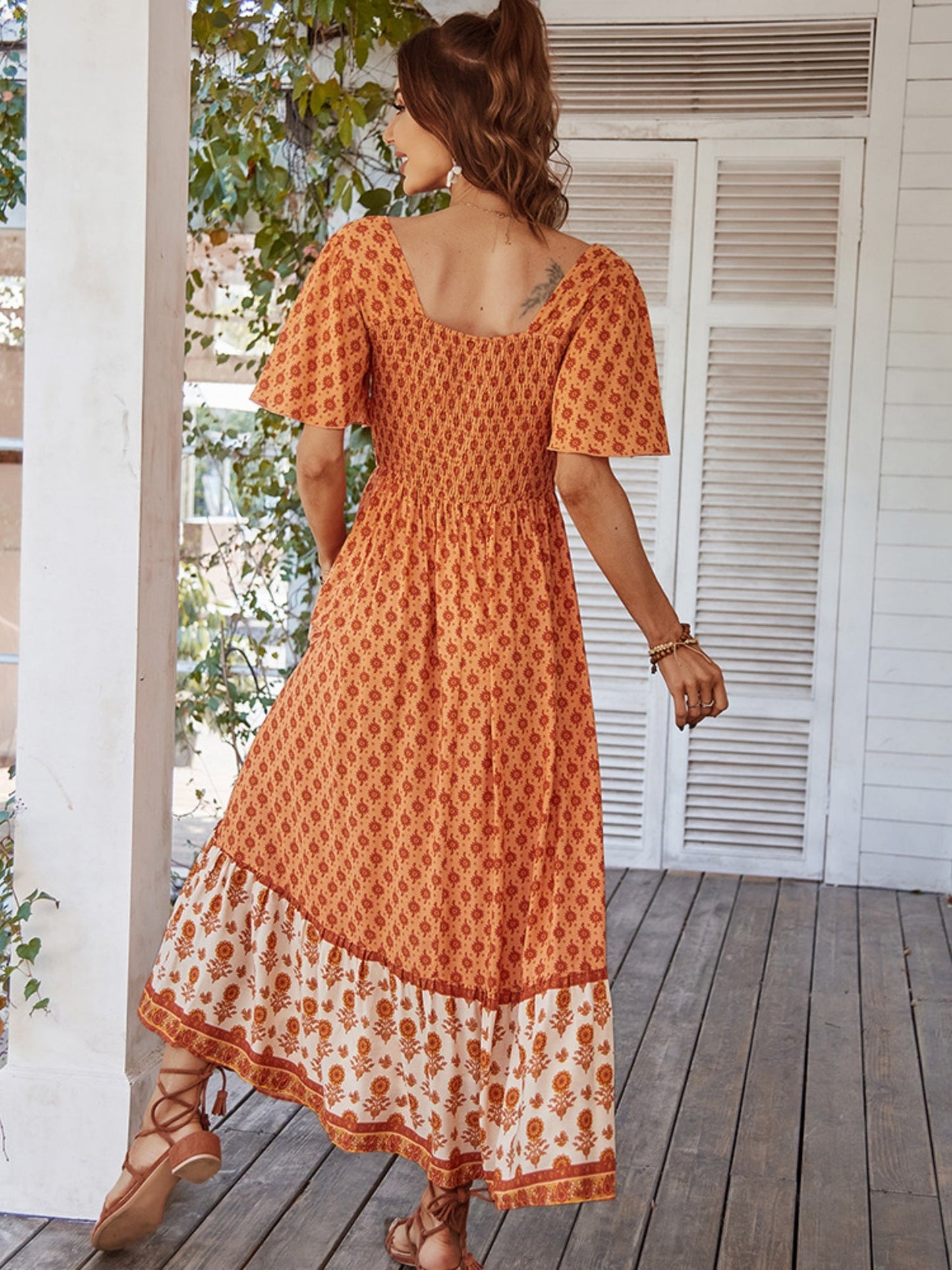 Printed Color-blocked Square Neck Short Sleeve Maxi Dresses