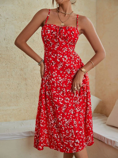 V-neck Bandage Camisoles Floral Slit Vacation And Leisure Maxi Dresses