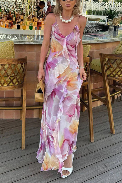 Margovil V Neck Backless Ruffle Trim Slit Floral Print Maxi Cami Dress
