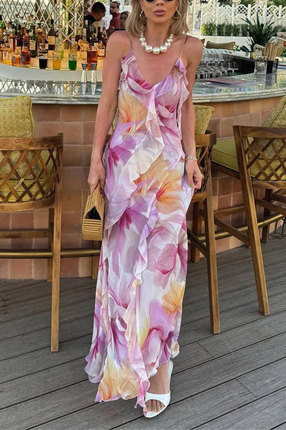 Margovil V Neck Backless Ruffle Trim Slit Floral Print Maxi Cami Dress