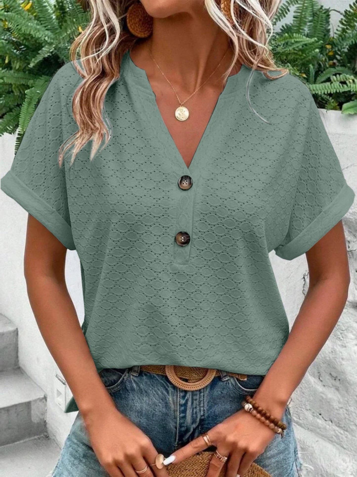 Knitting Buttons V-neck Short Sleeve T-shirts