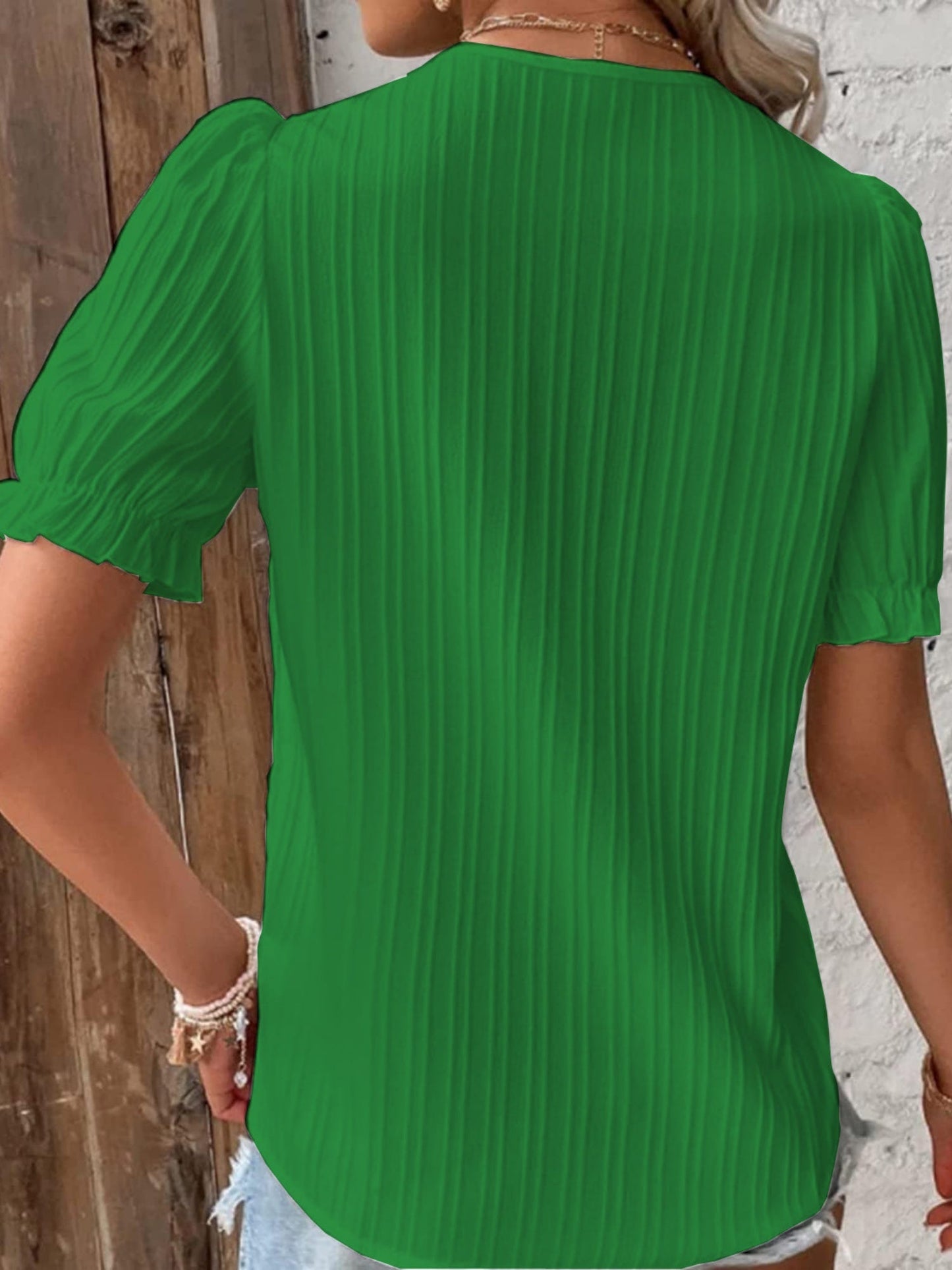 Openwork Lace Puff Sleeve V-neck Vertical Stripes T-shirts