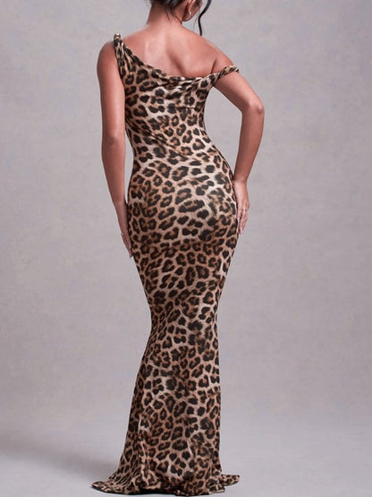 Milk Silk Leopard Print Printed Slim-fit Hip-hugging Maxi Dresses