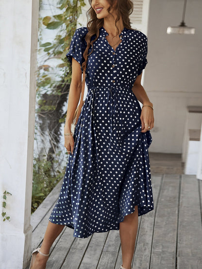 Polka Dots Polo Collar Waist Tie Short Sleeves Maxi Dresses