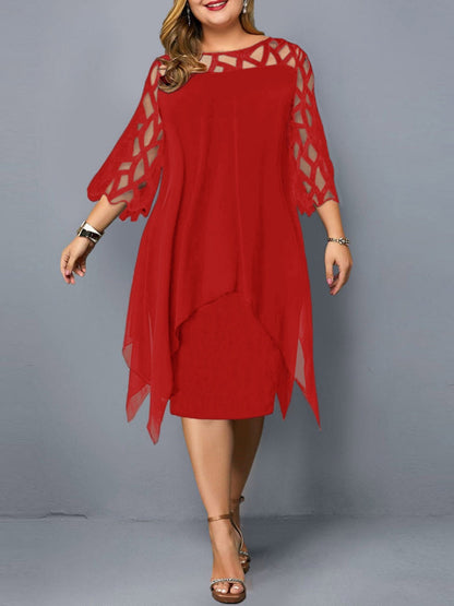 Geometry Splicing Three-quarter Sleeves Irregular Hem Chiffon Midi Dresses