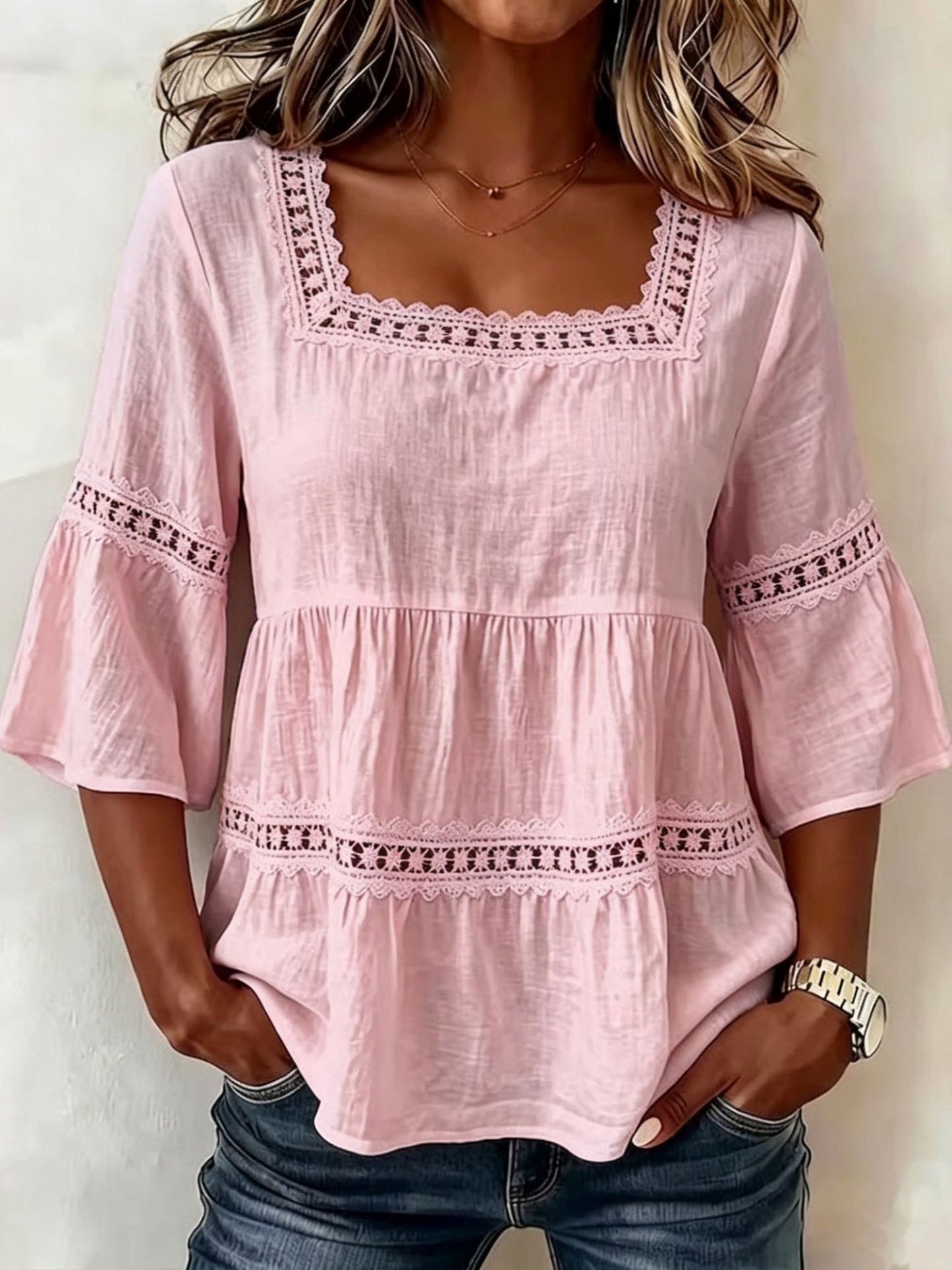 Lace Patchwork Cotton And Linen Square Neckline And Three-quarter Sleeves T-shirts