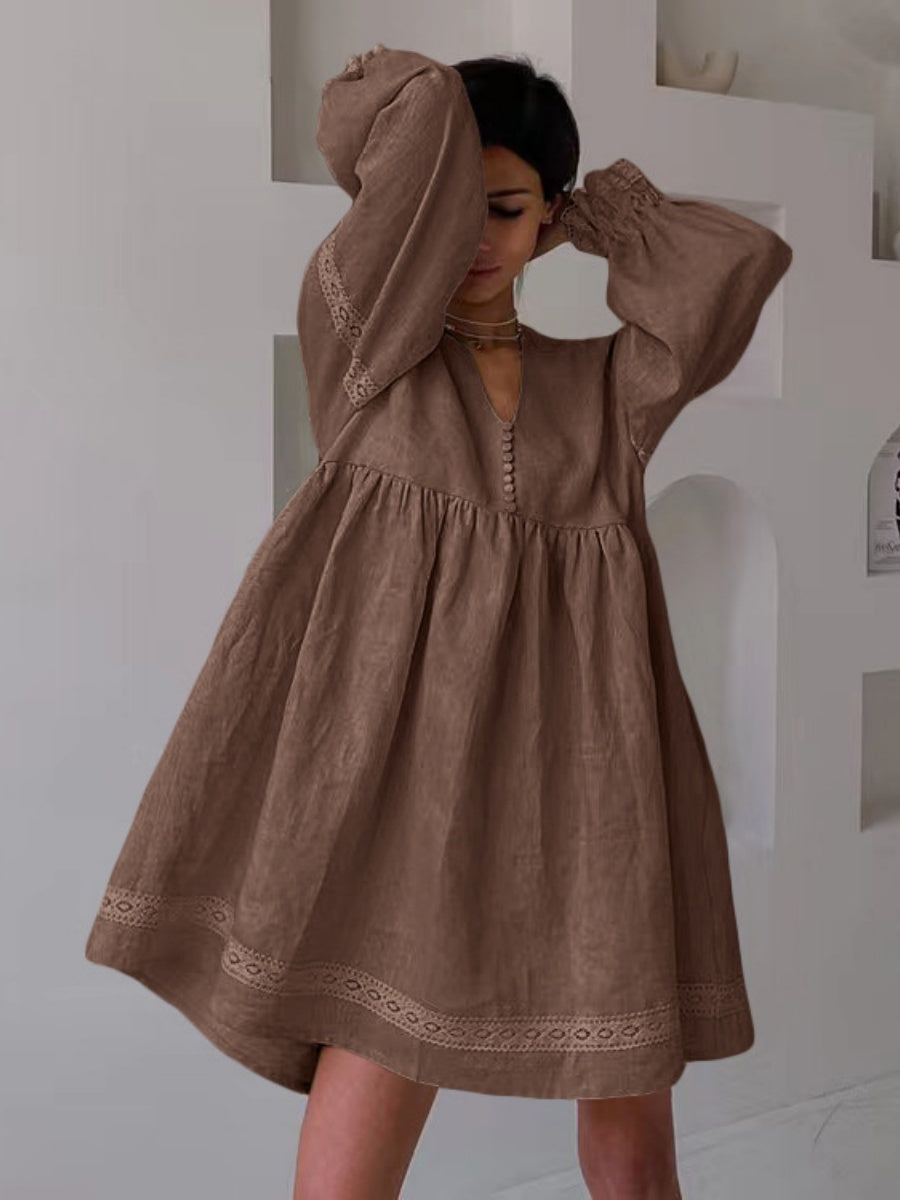 Cotton Blend Temperament V-neck Long Sleeve Loose-fit Home Vacation Mini&Short Dresses