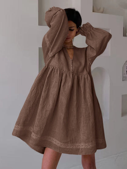 Cotton Blend Temperament V-neck Long Sleeve Loose-fit Home Vacation Mini&Short Dresses