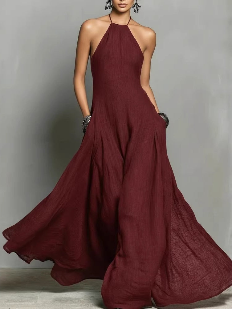 Halter Solid Color Backless Sleeveless Long Vacation Style Dress