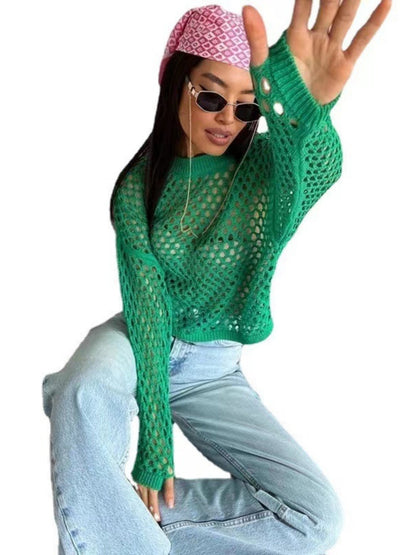 Hollow Out Round Neck With Bell Sleeves Knitted Cover-up