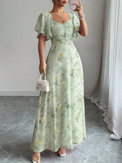 Butterfly Print Lotus Leaf Sleeves Pleated Slim Fit Maxi Dresses