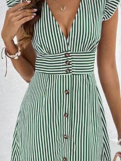 Striped Color Blocking Buttons V-neck Flutter Sleeves Mini&Short Dresses