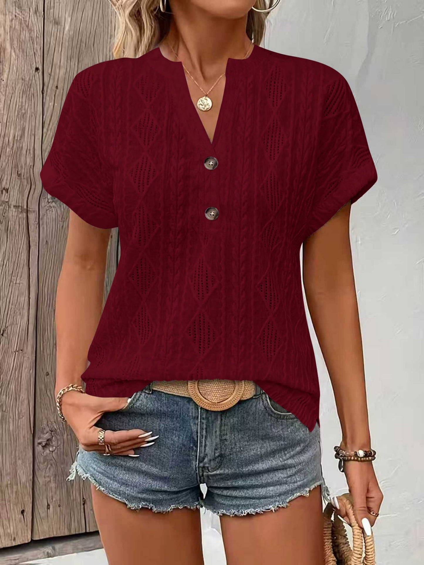 Knitting Buttons V-neck Short Sleeve T-shirts
