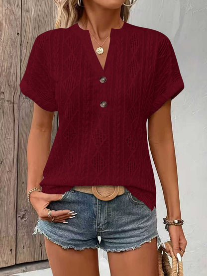 Knitting Buttons V-neck Short Sleeve T-shirts
