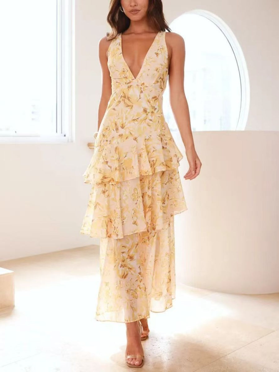 Floral Print Slim Fit Ruffled Spaghetti Strap Maxi Dress