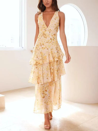 Floral Print Slim Fit Ruffled Spaghetti Strap Maxi Dress