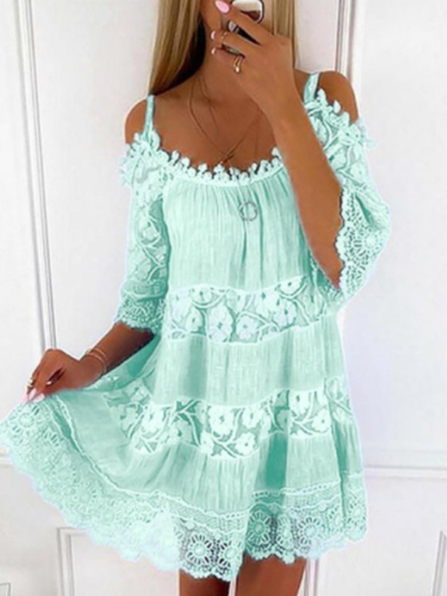 Lace Trim Hollow Out Splicing Spaghetti Strap Off-shoulder Mini&Short Dresses