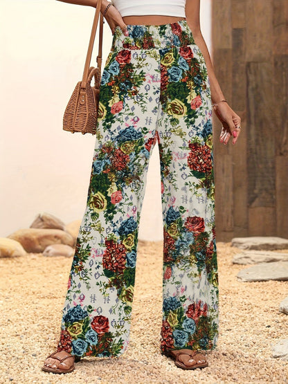 Printed Elastic Waistband High-waisted Loose-fit Pants