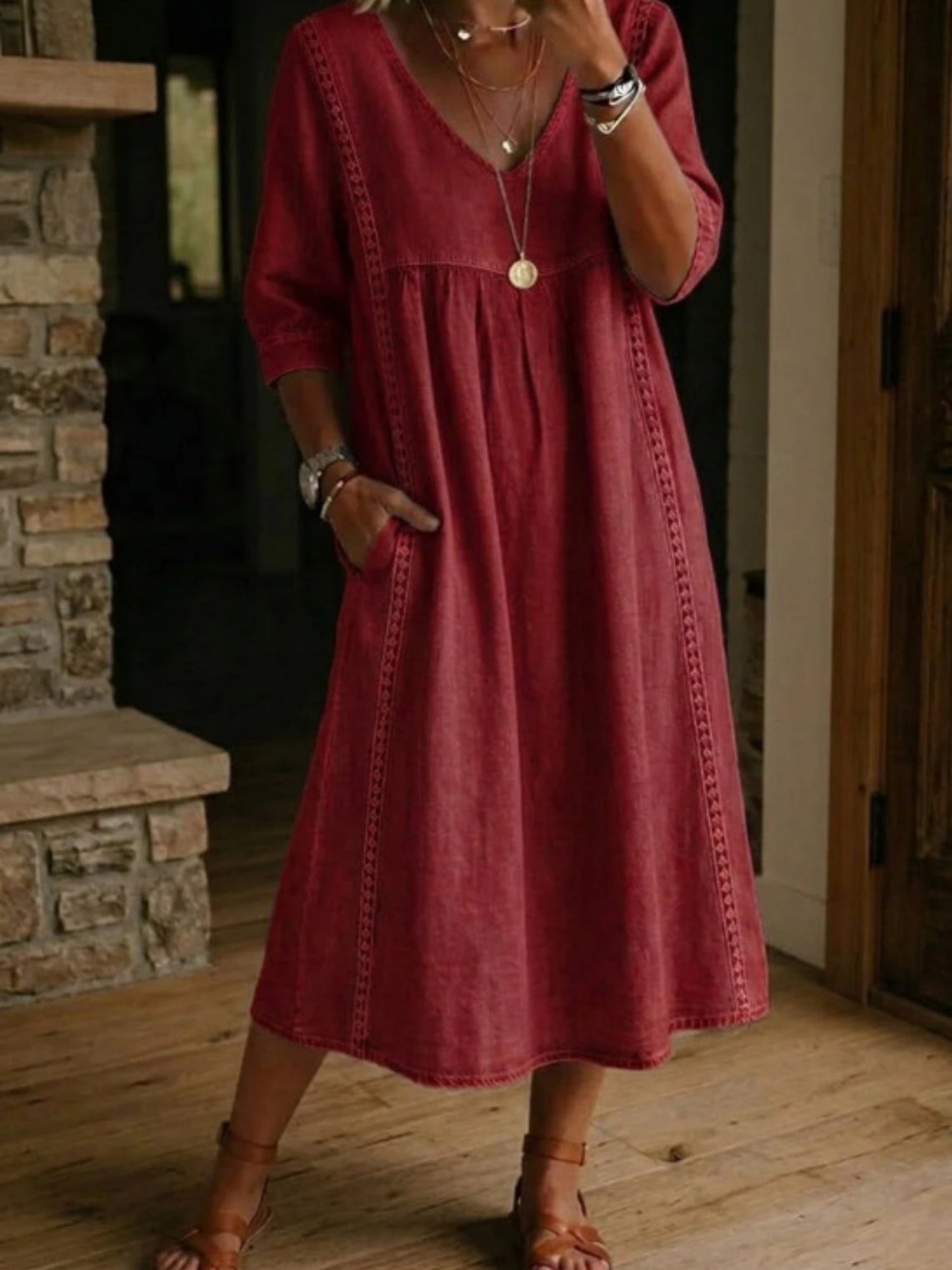 Lace Trim Linen Cotton V-neck Maxi Dresses