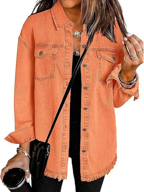 Denim Jacket With Frayed Pockets And Button Details