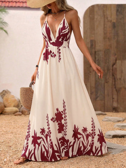 Camisoles Backless Printed Retro Vacation Maxi Dresses