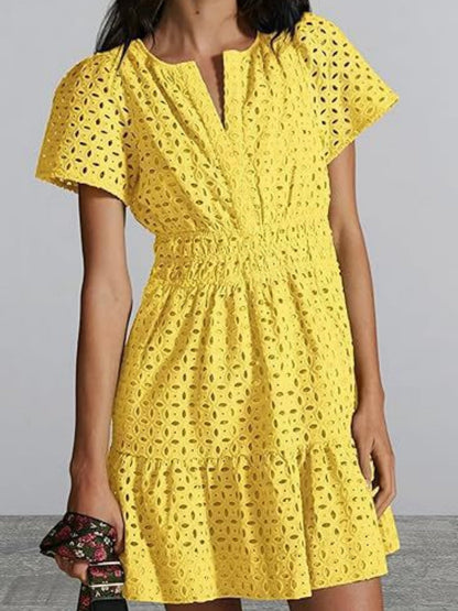 Lace Cutout V-neck Short Sleeve A-line Short Dress