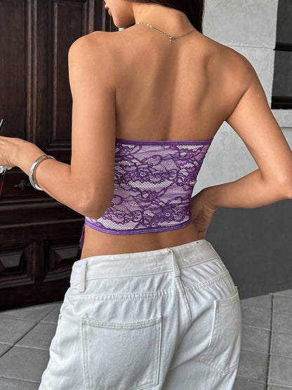 Lace Trim Splicing Buttons Strapless Bra