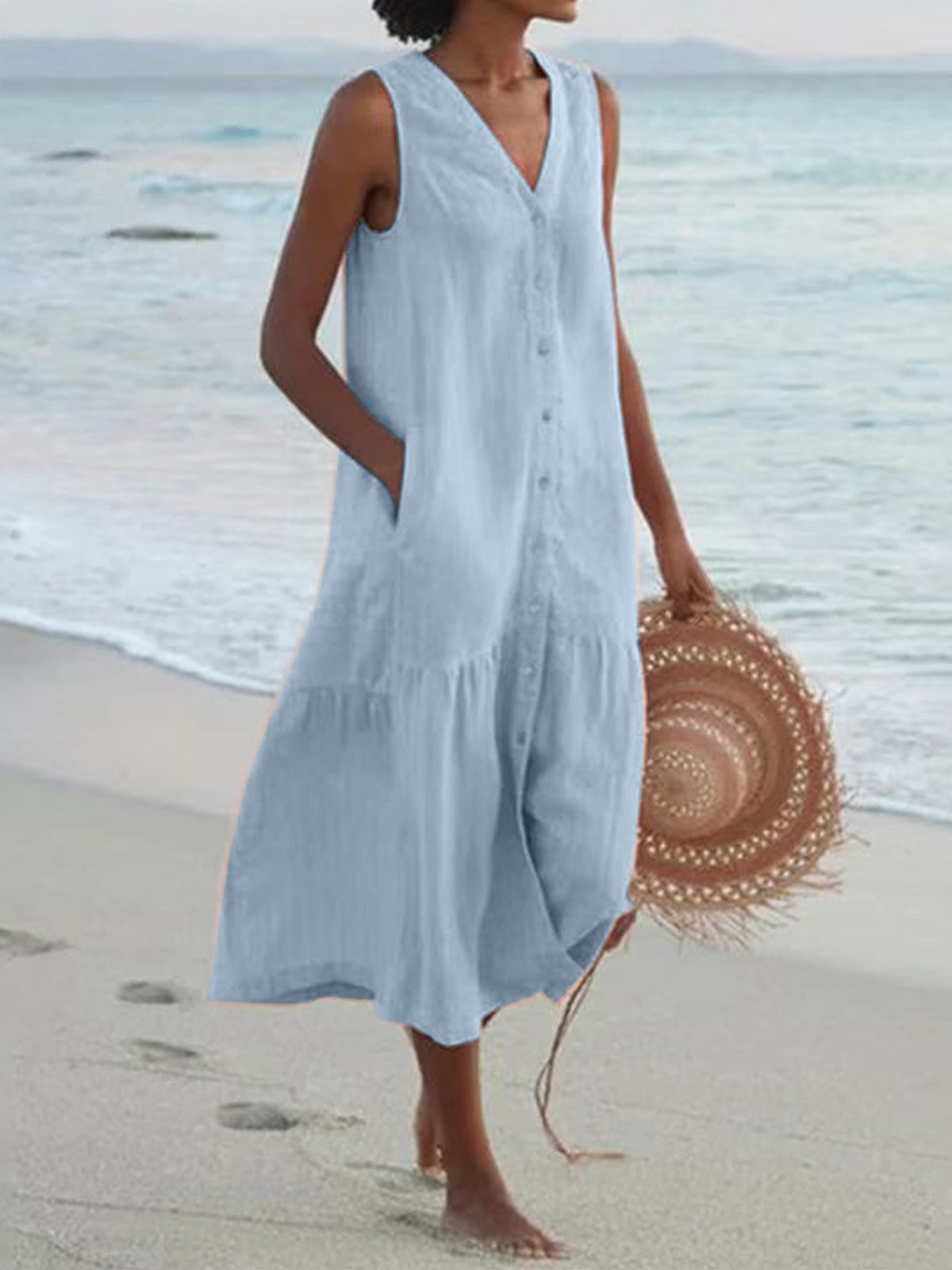 Loose-fitting V-neck Midi Dress