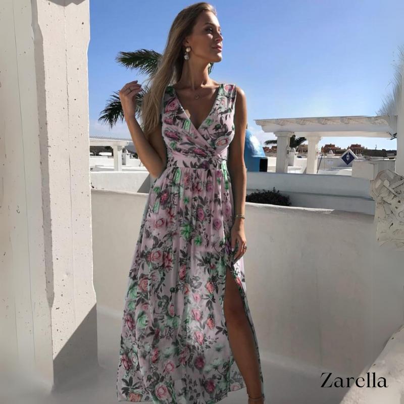 Tropical Floral Print V-Neck Tie-Waist High-Slit Maxi Dress