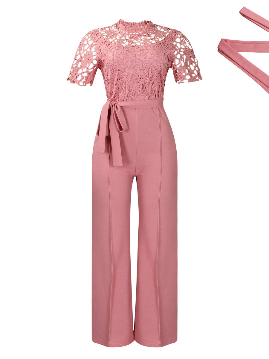 Lace Trim Hollow Short Sleeve Bandage High Waist Wide Leg Jumpsuits
