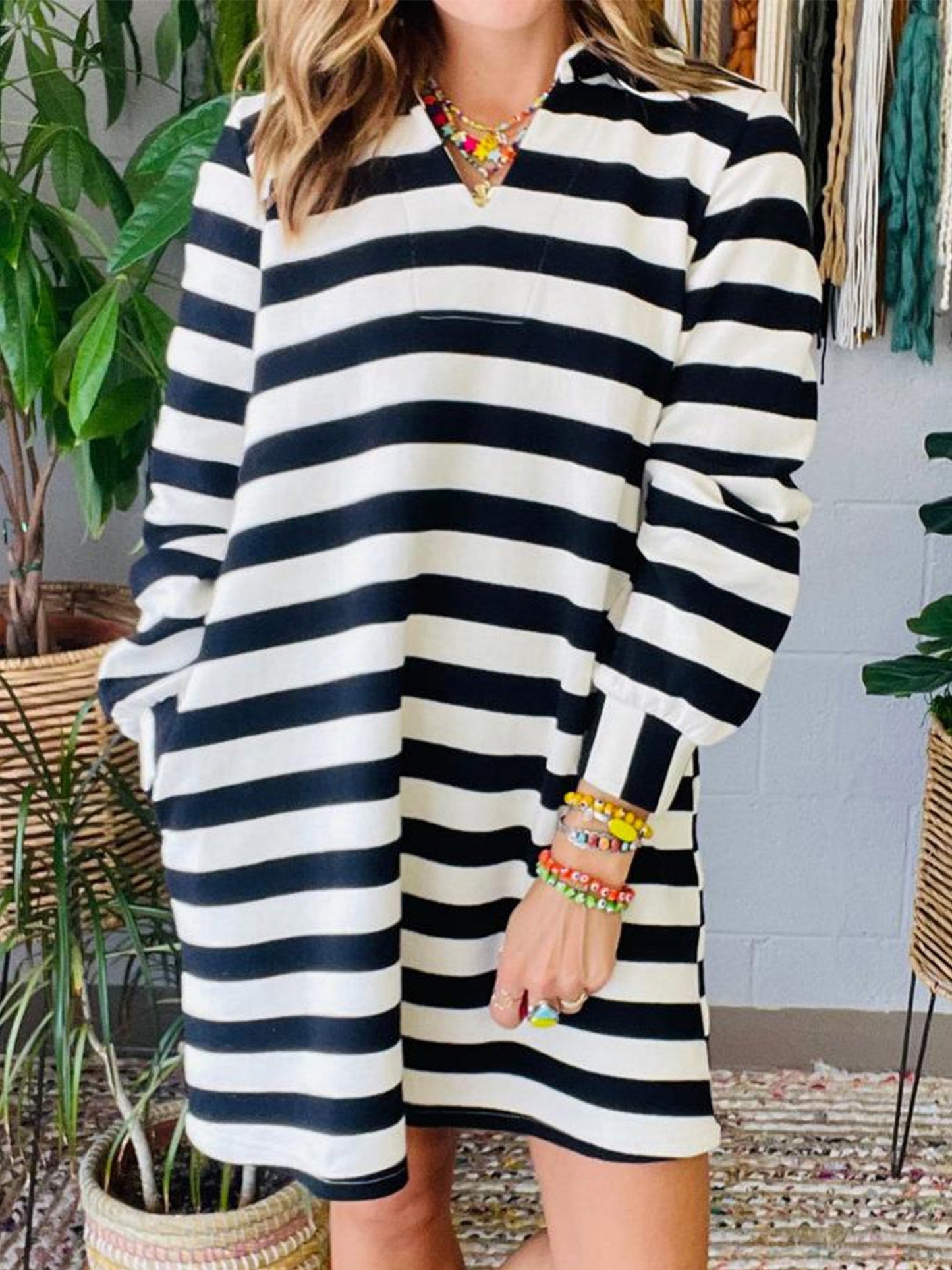 Stripes Color Matching Polo Collar Pocket Long-sleeved Midi Dress