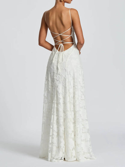 Spaghetti Strap Square Neck 3D Floral Applique A-Line Maxi Dress