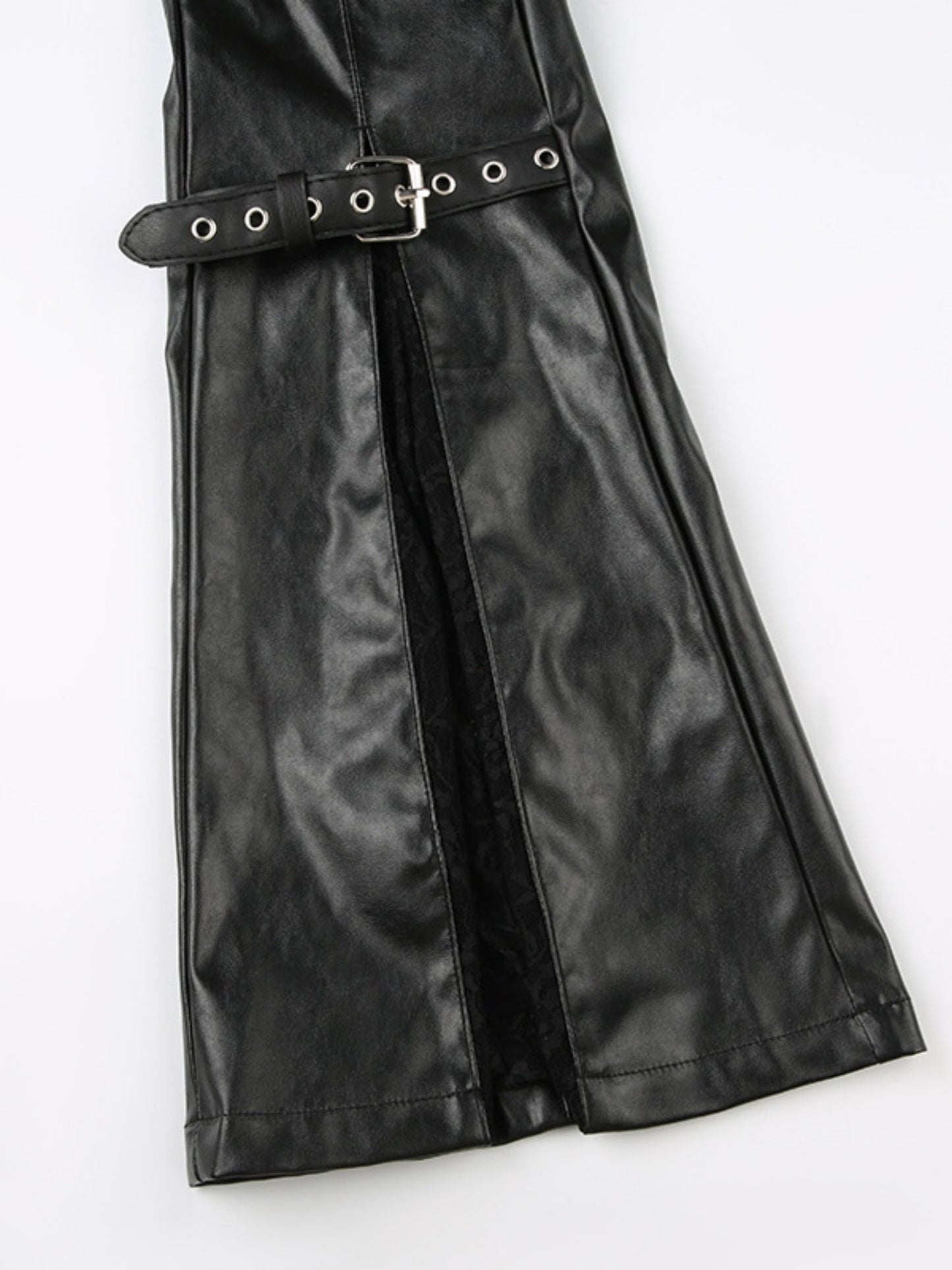 Leather Lace Patchwork Eyelet Buckle Low-rise Bell-bottoms Pants