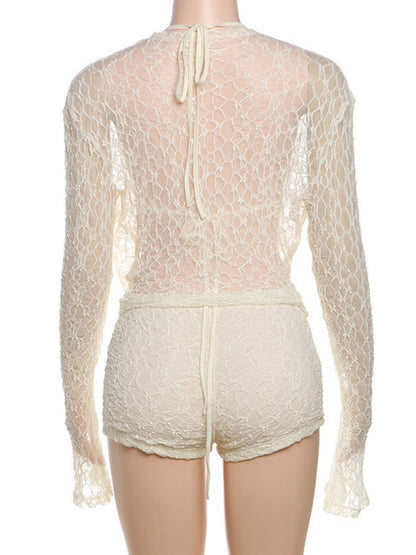 Lace Cutout Long-sleeved Cover-up Halter Neck Strap Slim-fit Shorts 3-piece Sets