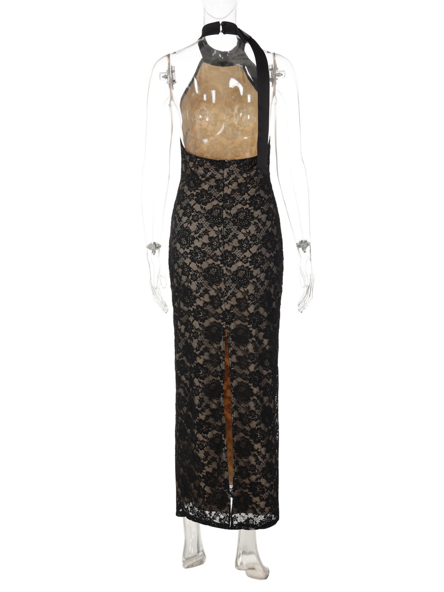 Lace Patchwork Halter Neck And Backless Sleeveless Bodycon Maxi Dresses