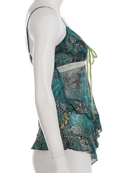 Retro Prints Mesh Color-blocked Tank Top