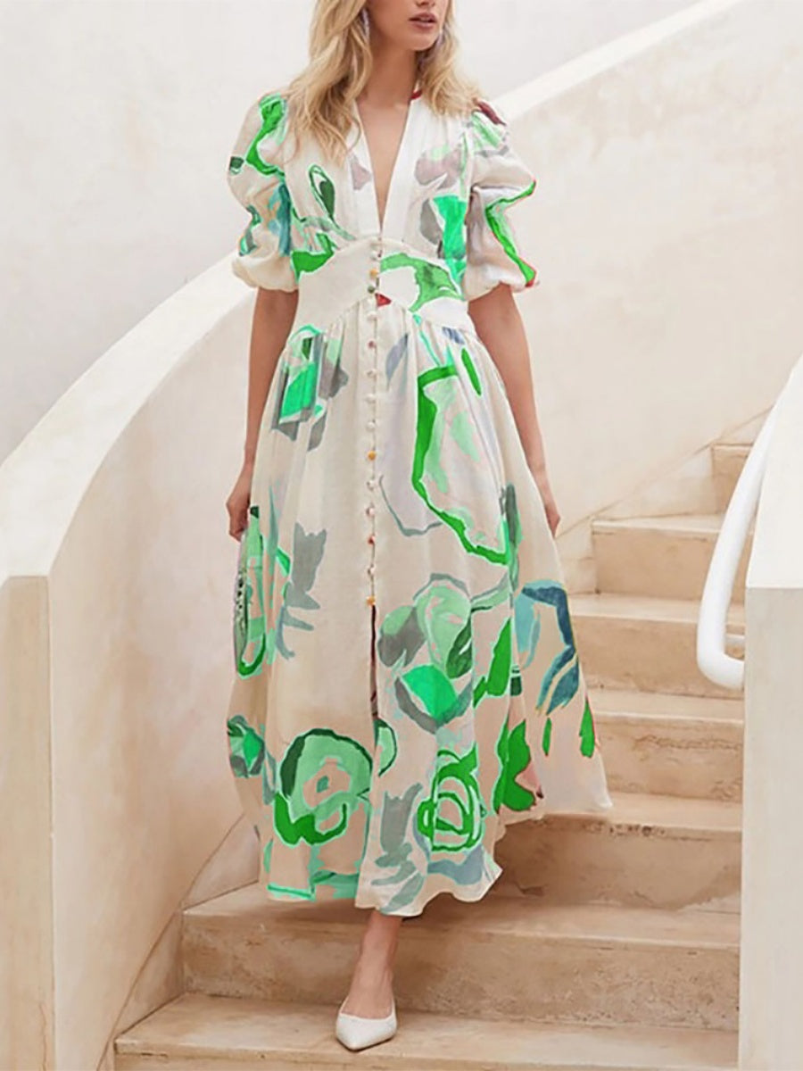 Printed Buttons Shirt Dress Vacation Maxi Dresses