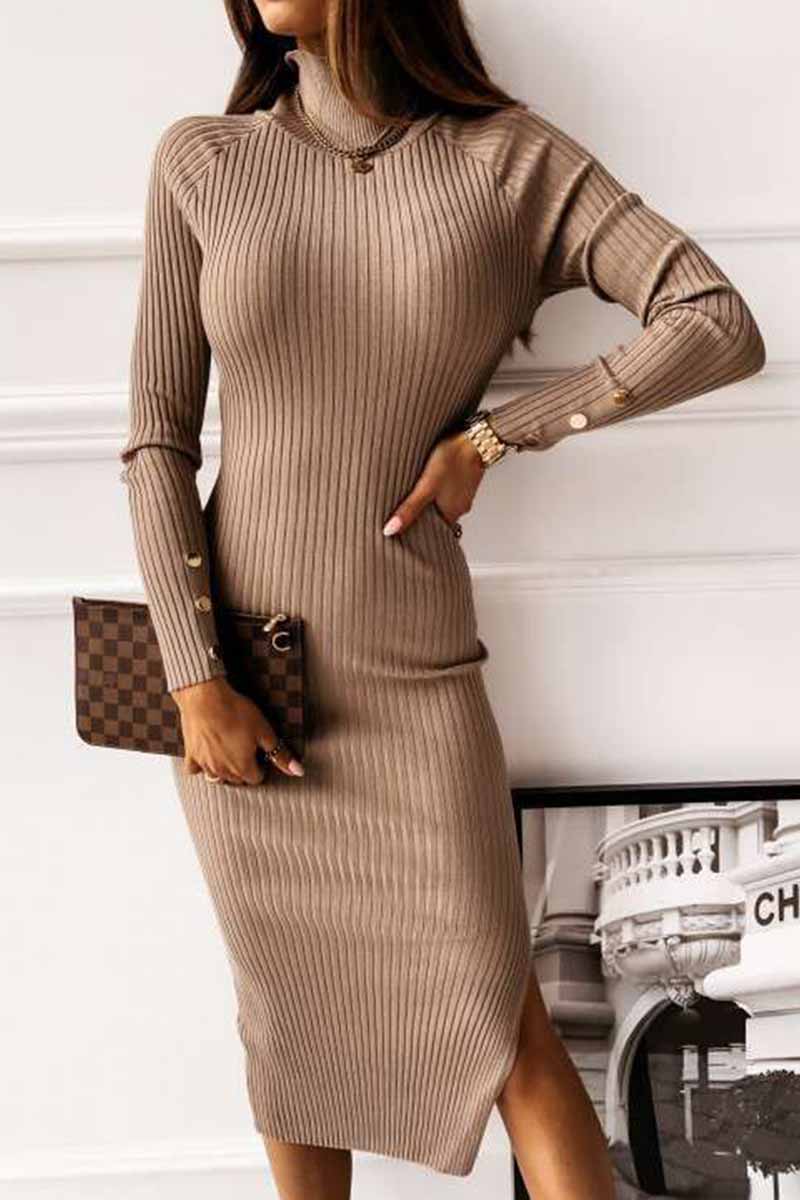 Rib Knit Turtleneck Button Cuff Long Sleeve Side Slit Bodycon Midi Dress