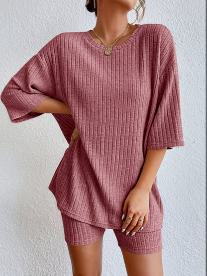 Piping Crew Neck Loose T-shirt And Shorts 2-piece Sets