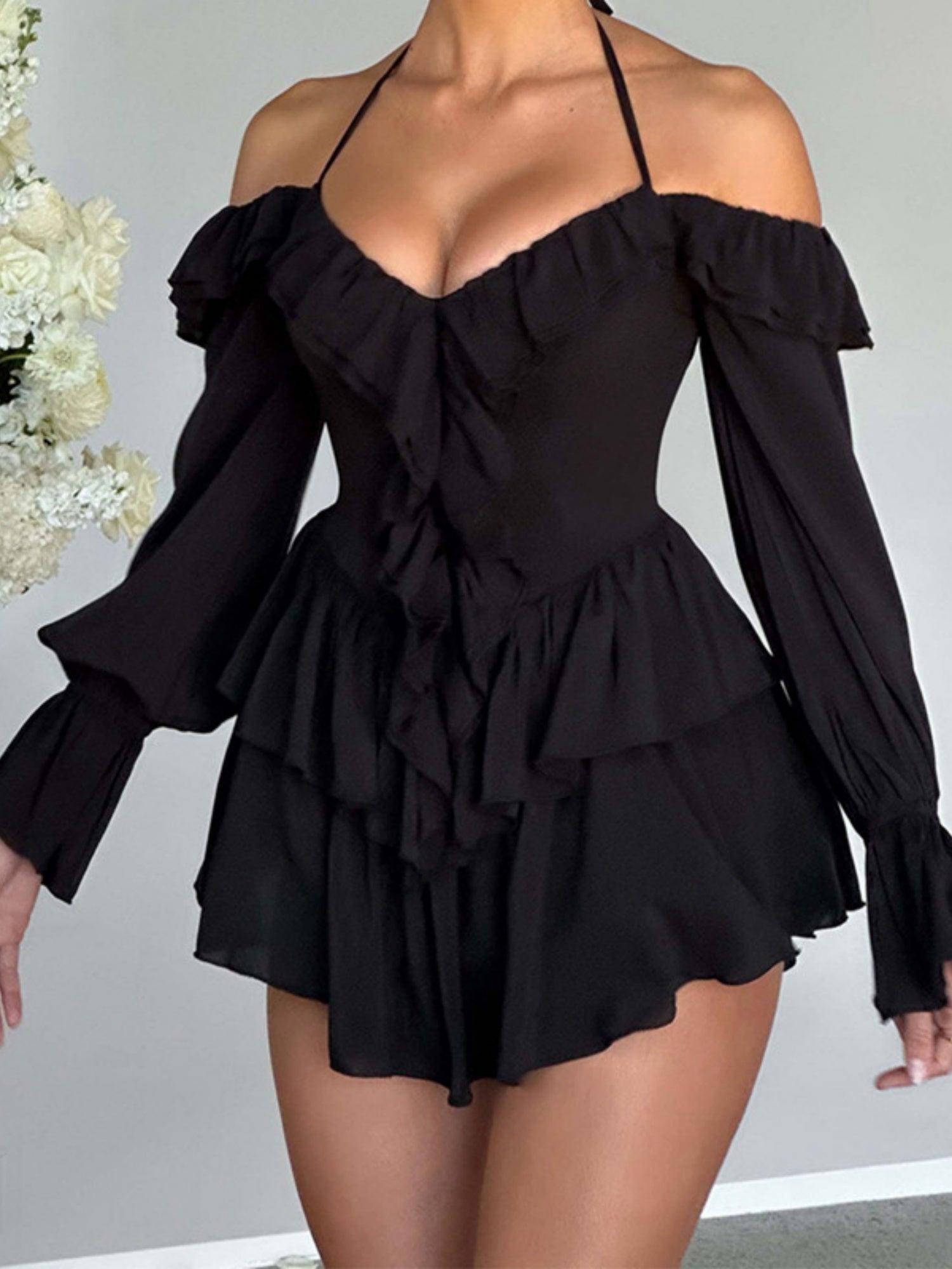 Ruffle Halter Neck Low-cut  Flare Sleeve Sweet Mini&Short Dresses