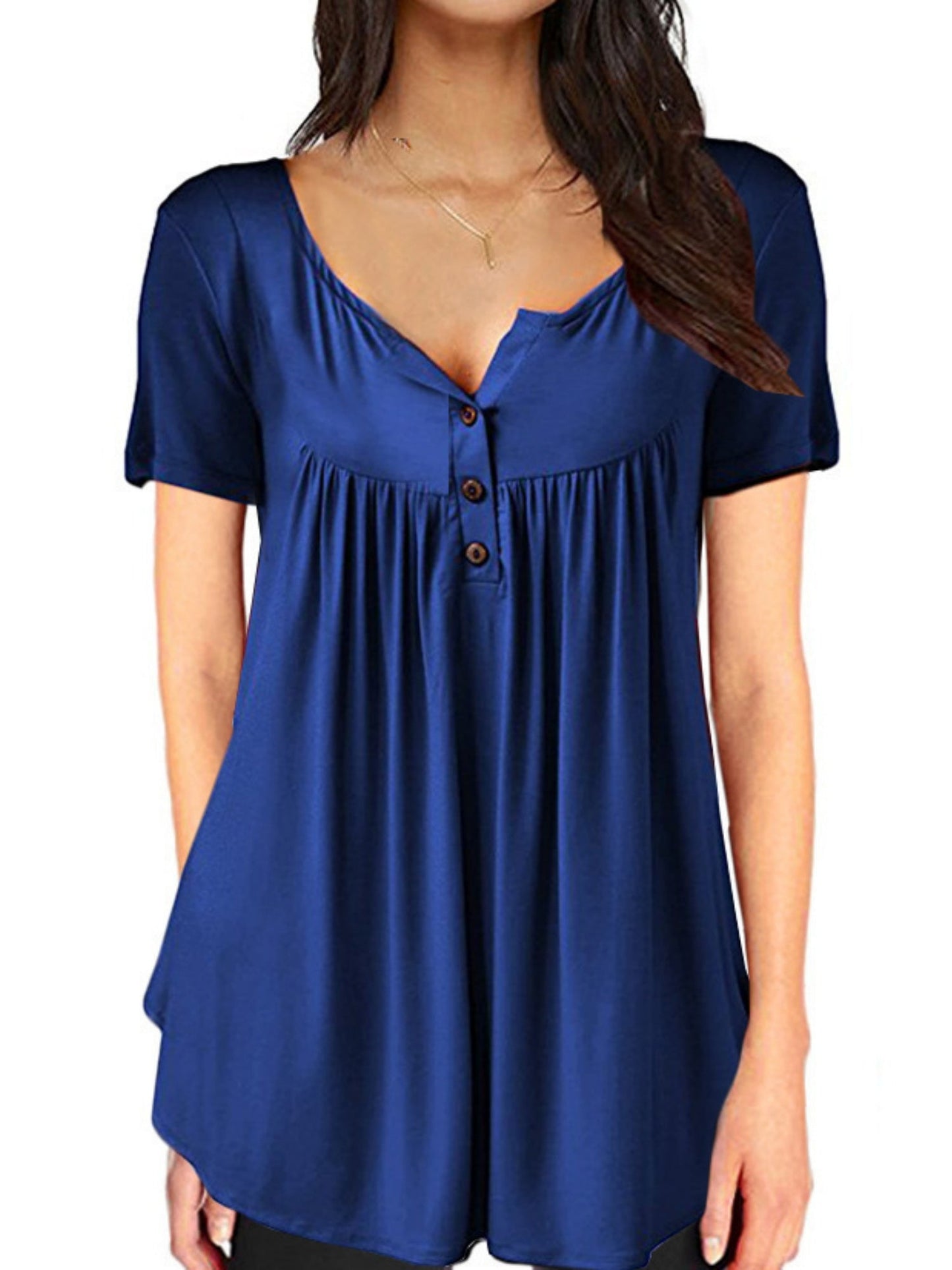 V-neck Pleated Buttons Loose-fit Short-sleeved T-shirt