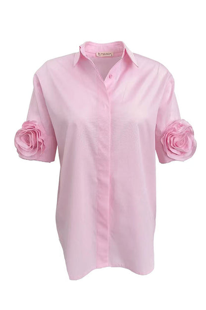Lapel Short Sleeves Button Up Flower Detail Shirt