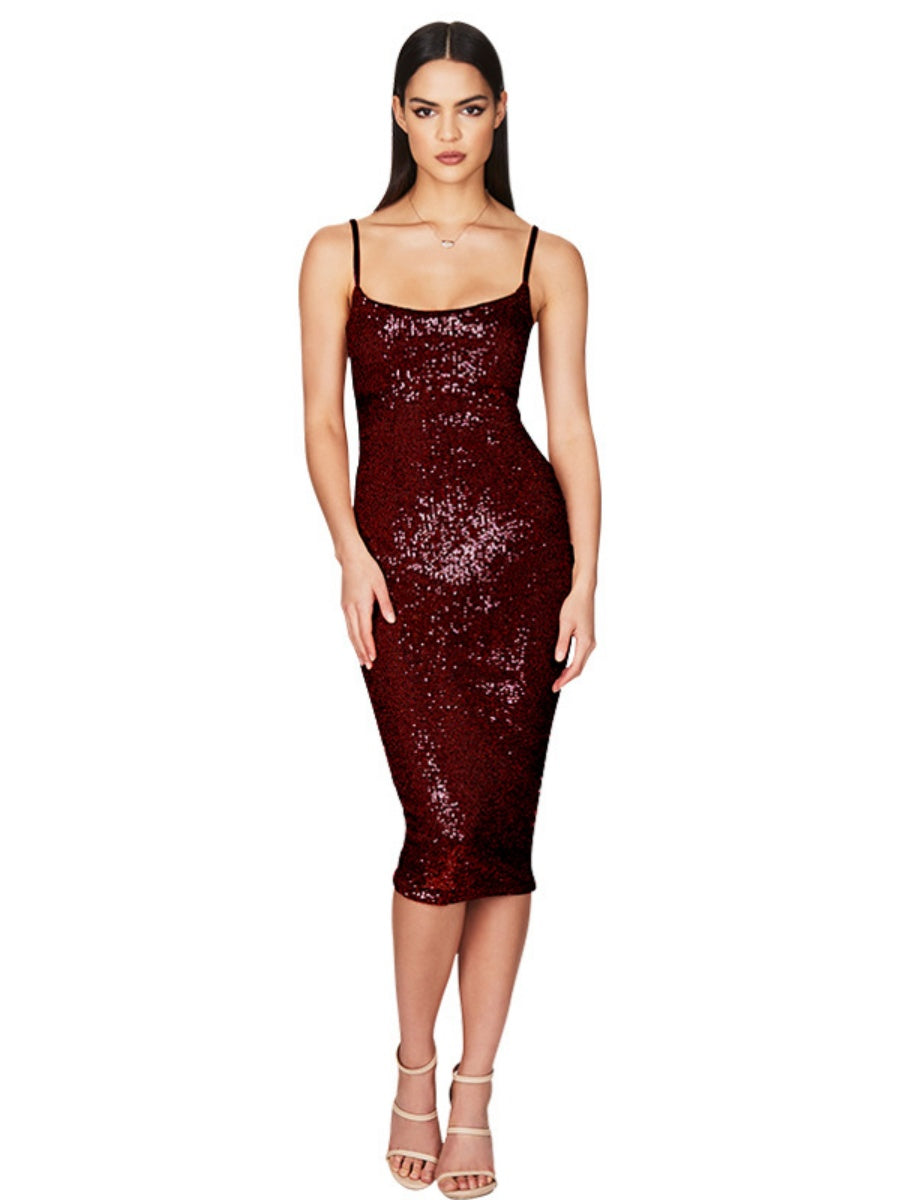 Sequined Backless Halter Dress