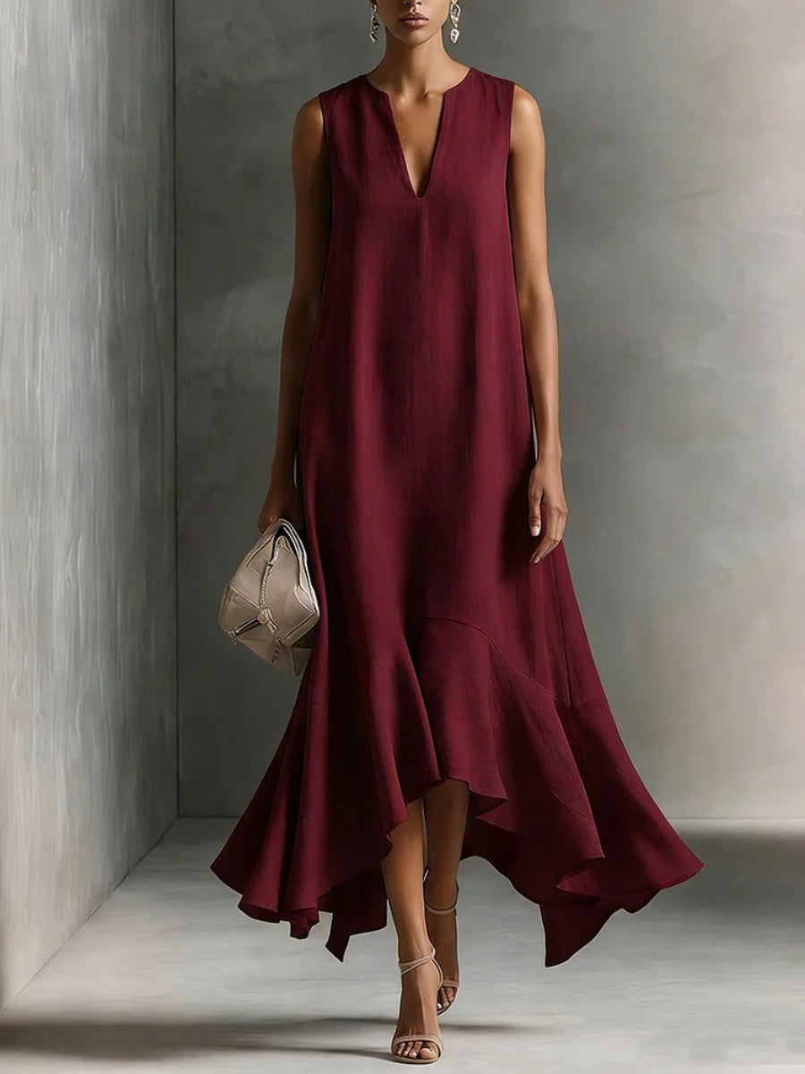 Sleeveless Irregular Hem Deep V-neck Maxi Dresses